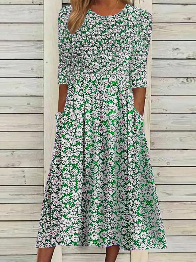 Women's Casual Dress Floral Dress Summer Dress Floral Ruched Pocket Crew Neck Midi Dress Fashion Modern Outdoor Daily Half Sleeve Regular Fit White Blue Green Summer Spring S M L XL XXL - LuckyFash™