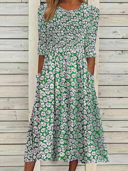 Women's Casual Dress Floral Dress Summer Dress Floral Ruched Pocket Crew Neck Midi Dress Fashion Modern Outdoor Daily Half Sleeve Regular Fit White Blue Green Summer Spring S M L XL XXL - LuckyFash™