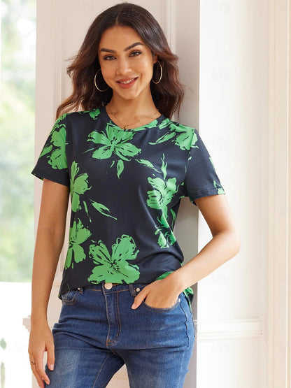 Women's T shirt Tee Floral Daily Print Green Short Sleeve Fashion Crew Neck Summer