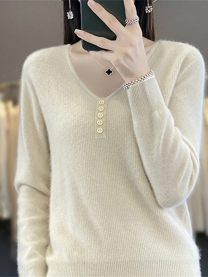 Women's Pullover Sweater Jumper V Neck Ribbed Knit Polyester Button Knitted Fall Winter Regular Outdoor Daily Holiday Fashion Streetwear Casual Long Sleeve Solid Color Black White Light Green S M L