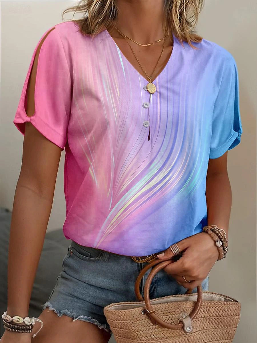 Women's T shirt Tee Ombre Color Gradient Vacation Button Cut Out Pink Short Sleeve Stylish Neon & Bright V Neck Summer