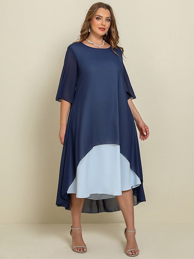 Women‘s Plus Size Curve Casual Dress Work Dress Chiffon Dress Plain Long Dress Maxi Dress Half Sleeve Layered Plus High Low Crew Neck Elegant Outdoor Blue Summer Spring Wedding Guest Dress