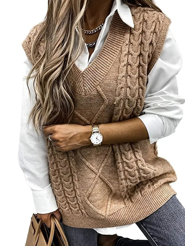 Women's Sweater Vest V Neck Ribbed Cable Knit Acrylic Patchwork Fall Winter Regular Outdoor Daily Going out Stylish Casual Soft Sleeveless Solid Color Black Wine Navy Blue S M L