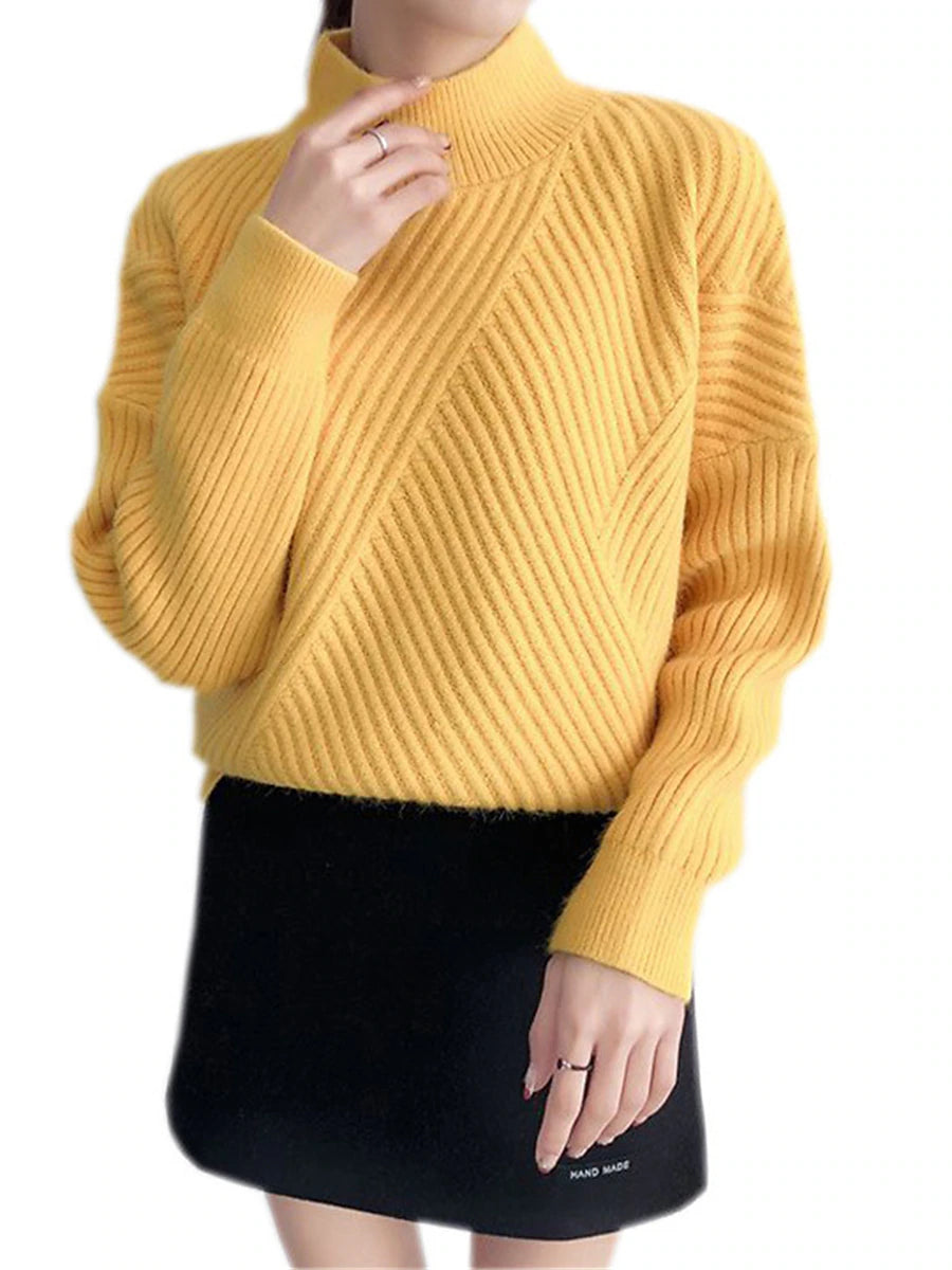 Women's Pullover Sweater Jumper Stand Collar Ribbed Knit Spandex Yarns Patchwork Split Fall Winter Regular Outdoor Daily Going out Stylish Casual Soft Long Sleeve Solid Color Black White Yellow