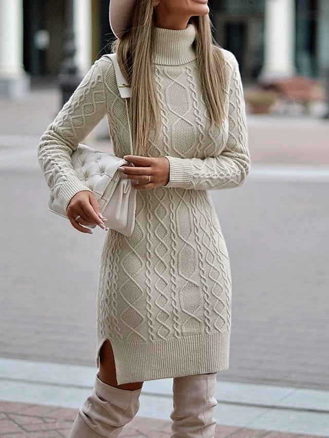 Women's Sweater Dress Knit Dress Jumper Dress Midi Dress Knitwear Fashion Elegant Dress Pure Color Outdoor Winter Dress Daily Date High Neck Long Sleeve Print Knit 2023 Regular Fit Beige S M L XL XXL