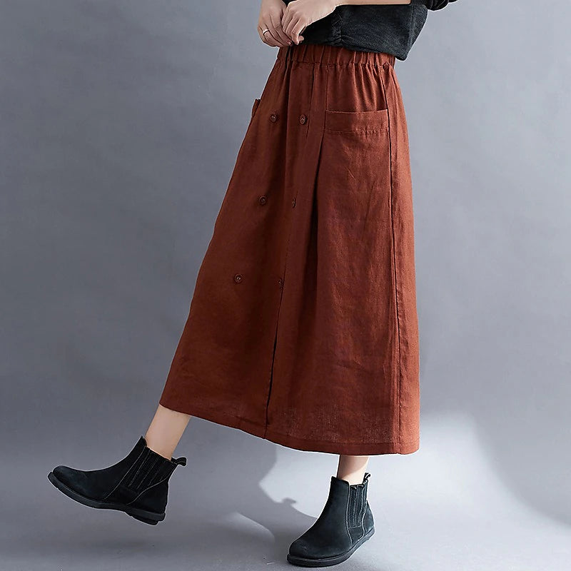 Women's Skirt A Line Long Skirt Linen Skirts Midi Skirts Pocket Split Ends Solid Colored Street Daily Spring & Summer Cotton Linen coastal grandma style Basic Casual Long Black Brown Green Apricot