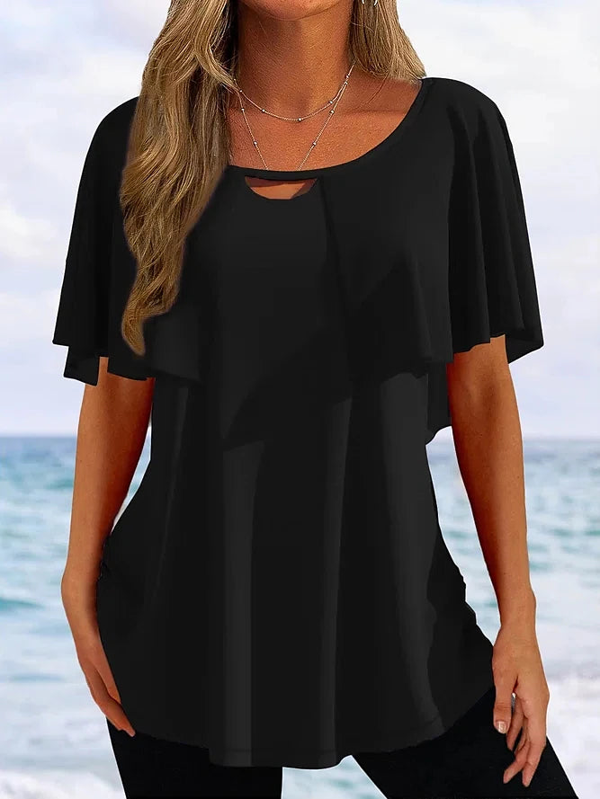 Women's Shirt Blouse Plain Casual Ruffle Black Short Sleeve Basic Neon & Bright Round Neck