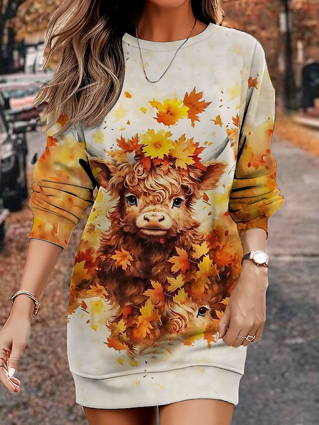 Women's Sweatshirt Dress Casual Dress Mini Dress Warm Fashion Outdoor Vacation Going out Crew Neck Print Leaf Animal Cow Regular Fit Yellow Blue khaki S M L XL XXL