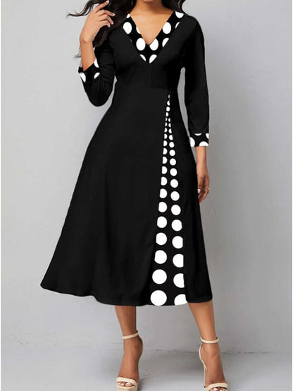 Women's Dress - Casual Dress Work Dress Church Dress Midi Dress Black 3/4 Length Sleeve Polka Dot Ruched Winter Fall Spring V Neck Modern Winter Dress Office Daily 2023 S M L XL XXL