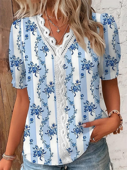 Women's Shirt Lace Shirt Blouse Floral Daily Lace Patchwork Print Navy Blue Short Sleeve Stylish Modern V Neck Summer Spring