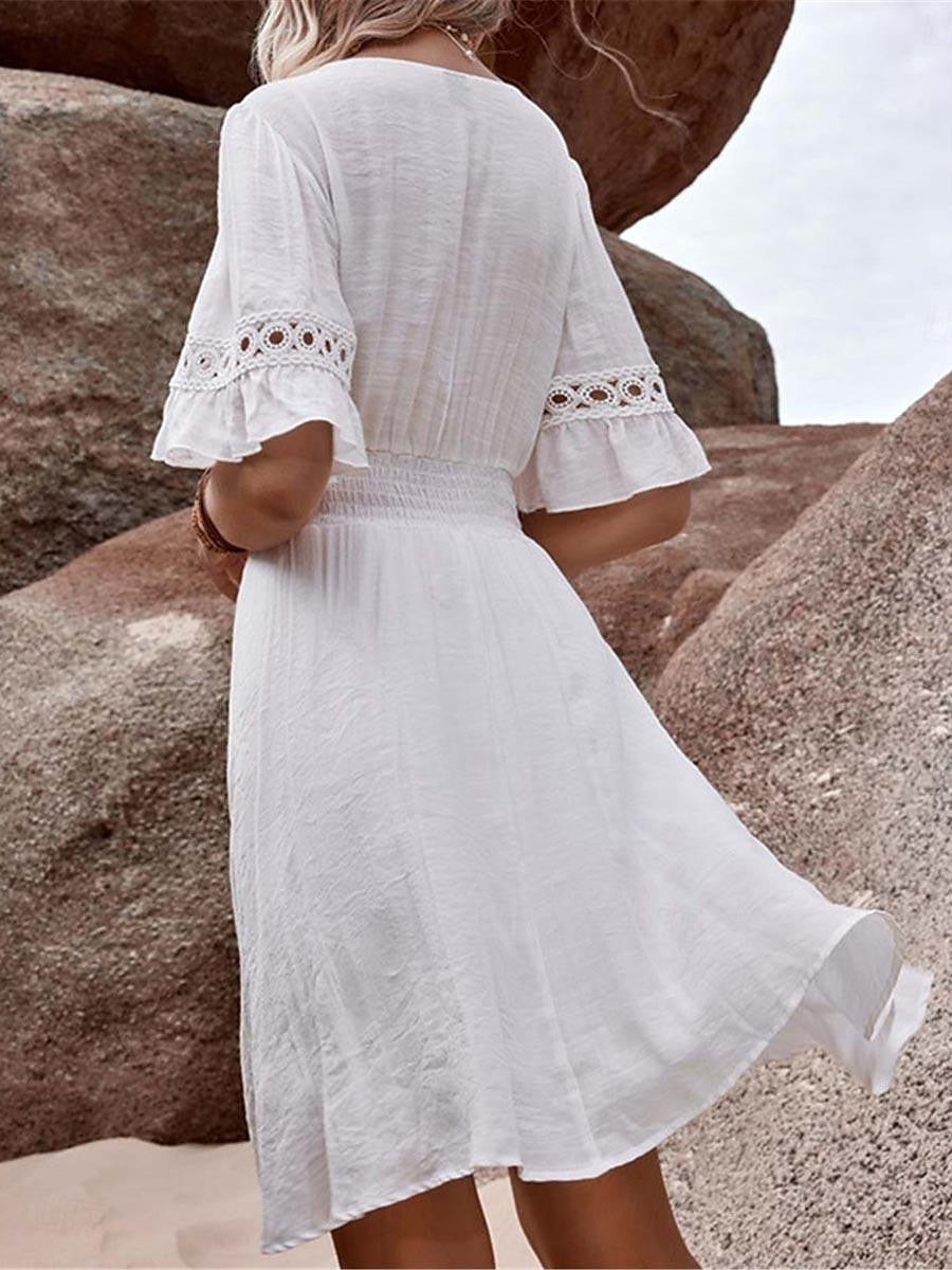 Women's Summer Dress Boho Chic Dresses White Lace Dress with Sleeves Mini Dress Ruffle Vacation Beach Bohemia V Neck Short Sleeve White Blue Color