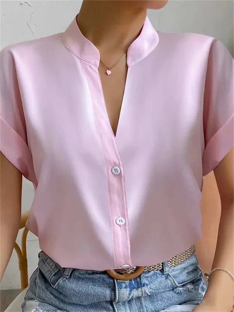 Women's Shirt Blouse Plain Work Button White Short Sleeve Elegant Fashion Business Standing Collar