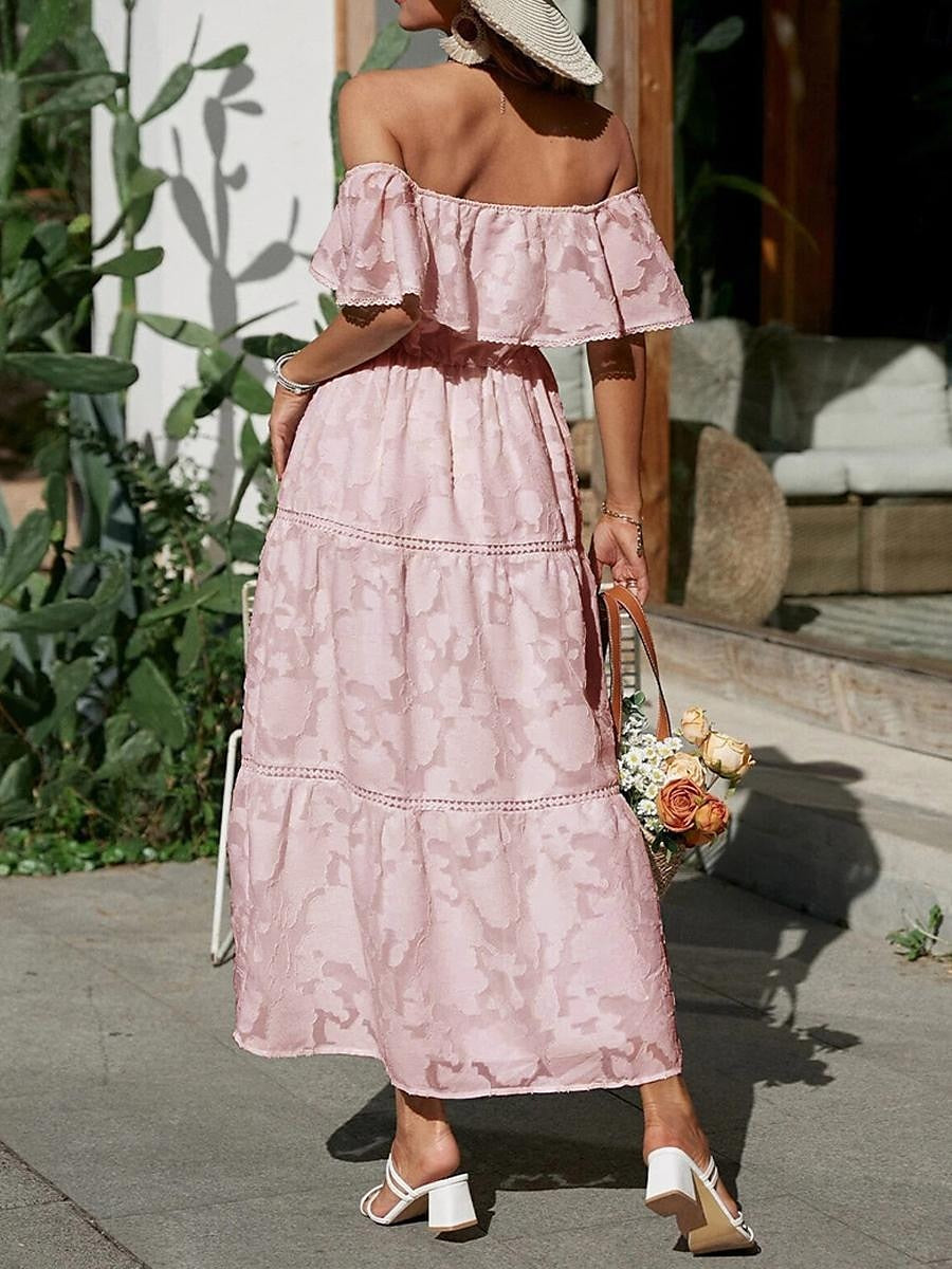 Women's White Dress Long Dress Maxi Dress Chiffon Lace Ruffle Date Vacation Streetwear A Line Off Shoulder Short Sleeve Black White Pink Color