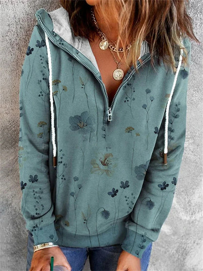 Women's Zip Up Hoodie Sweatshirt Hoodie Sweatshirt Pullover Floral Street Casual Quarter Zip White Red Blue Vintage Basic Hoodie Long Sleeve Top Micro-elastic Fall & Winter