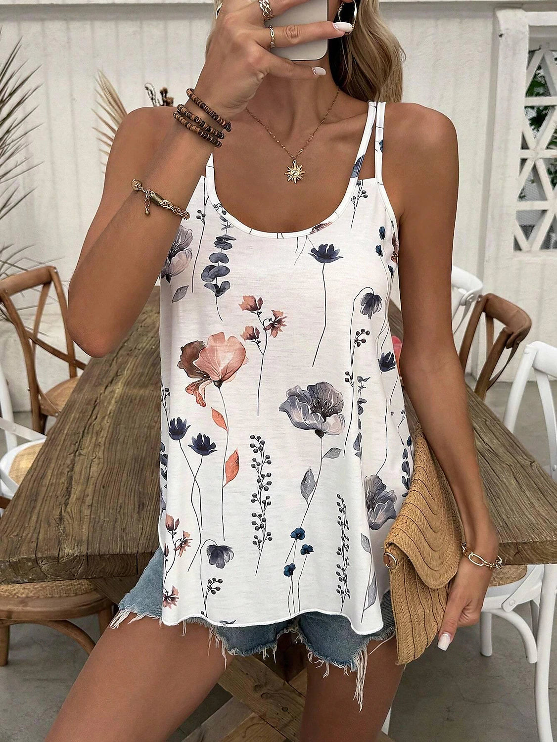 Women's Tank Top Vest Floral Daily Vacation Print White Sleeveless Vintage Boho V Neck Summer