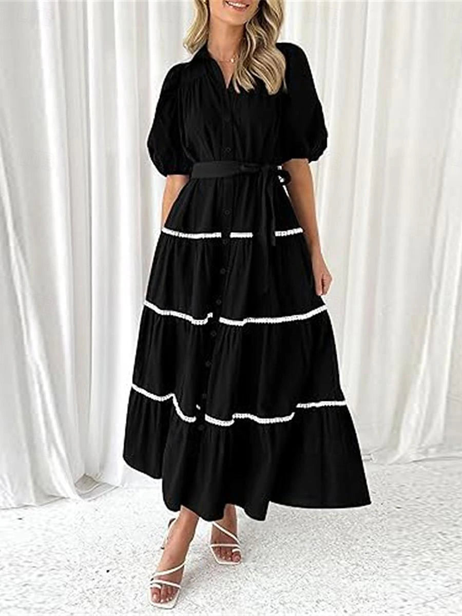 Women's White Dress Casual Dress Swing Dress Maxi Dress Lace up Button Date Vacation Streetwear Maxi Shirt Collar Half Sleeve Black White Pink Color