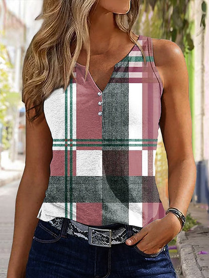 Women's Tank Top Color Block Casual Button Print Red Sleeveless Basic V Neck