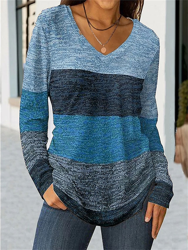 Women's T shirt Tee Color Block Daily Weekend Print Blue Long Sleeve Fashion V Neck Spring &  Fall