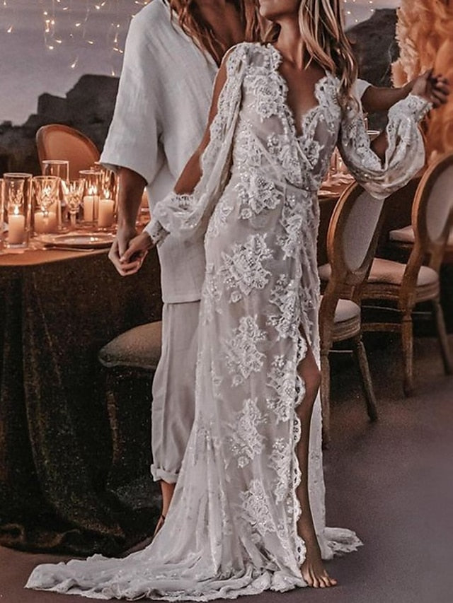 Beach Sexy Boho Wedding Dresses A-Line V Neck Long Sleeve Sweep / Brush Train Lace Bridal Gowns With Appliques Split Front 2023 Summer Wedding Party, Women's Clothing - LuckyFash™