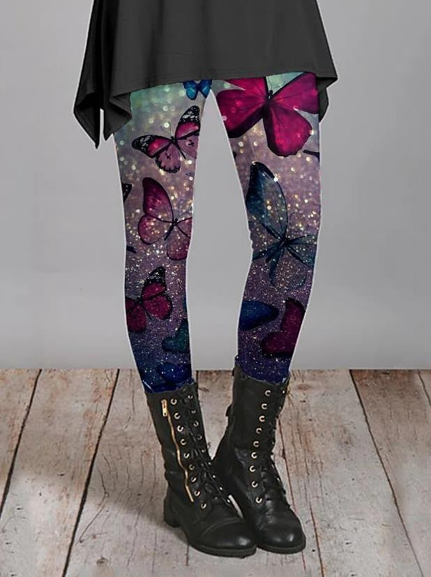 Women's Tights Normal Polyester Flower / Floral Black and Green Black / Red Fashion Mid Waist Full Length Daily