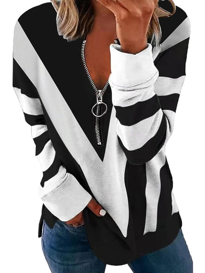 Women's Sweatshirt Pullover Streetwear Basic Zipper White Blue Purple Color Block Abstract Casual V Neck Long Sleeve - LuckyFash™