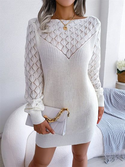 Women's Sweater Dress Crew Neck Ribbed Knit Acrylic Patchwork Fall Winter Long Daily Going out Weekend Stylish Casual Soft Long Sleeve Solid Color White Pink Blue S M L