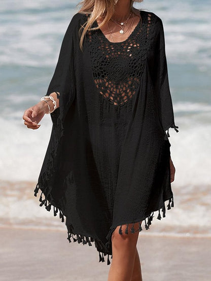 Women's Summer Dress Cover Up Tassel Cut Out Beach Wear Holiday Sleeveless Black White Blue Color