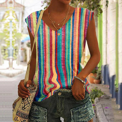 Women's Tank Top Striped Casual Print Yellow Sleeveless Basic Neon & Bright V Neck