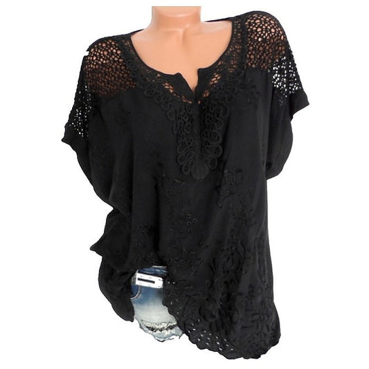 Women's Shirt Lace Shirt Blouse Eyelet top Plain Daily Going out Weekend Embroidered Black Short Sleeve Streetwear Basic Casual V Neck Summer Spring