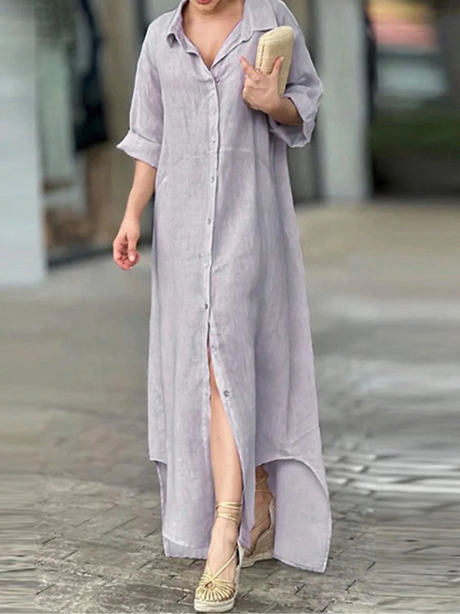 Women's Shirt Dress Casual Dress Cotton Linen Dress Maxi long Dress Button Basic Daily Shirt Collar 3/4 Length Sleeve Summer Spring Gray Plain