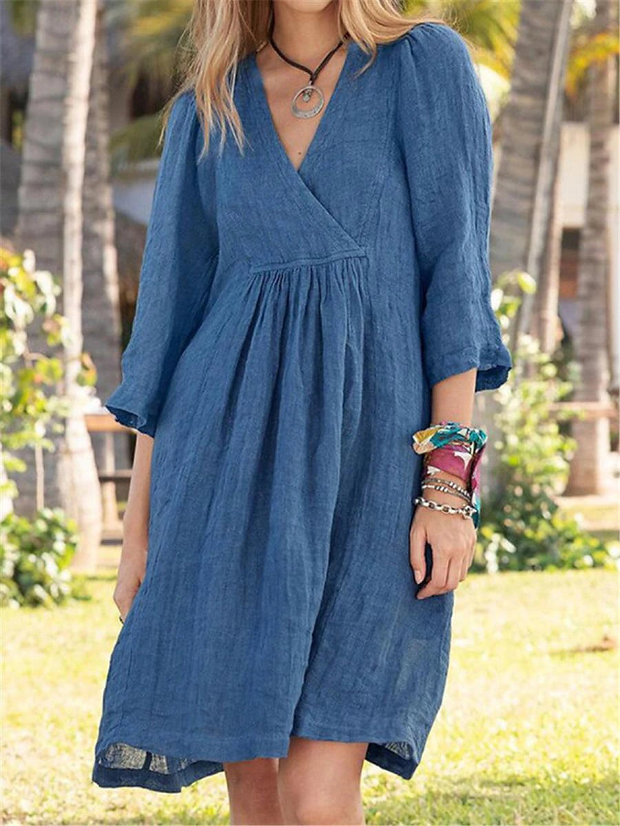 Women's White Dress Casual Dress Cotton Linen Dress Mini Dress Linen Ruched Basic Daily V Neck 3/4 Length Sleeve Summer Spring White Blue Plain