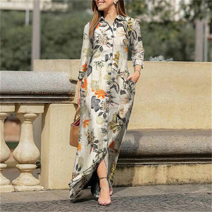 Women's Shirt Dress Casual Dress Linen Dress Maxi long Dress Winter Dress Daily Holiday Cotton Linen Modern Casual Shirt Collar Pocket Print Long Sleeve Summer Spring Fall 2023 Regular Fit Yellow