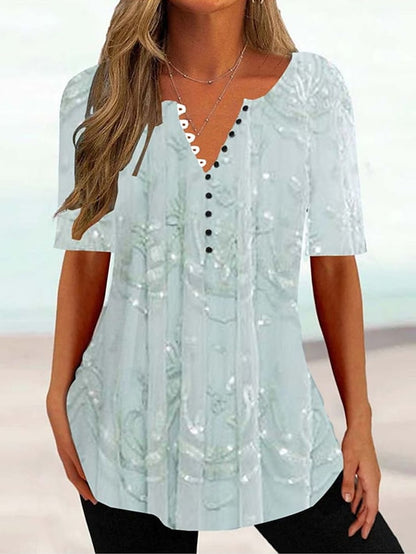 Women's T shirt Tee Henley Shirt Floral Holiday Weekend Button Print White Short Sleeve Tunic Basic Round Neck