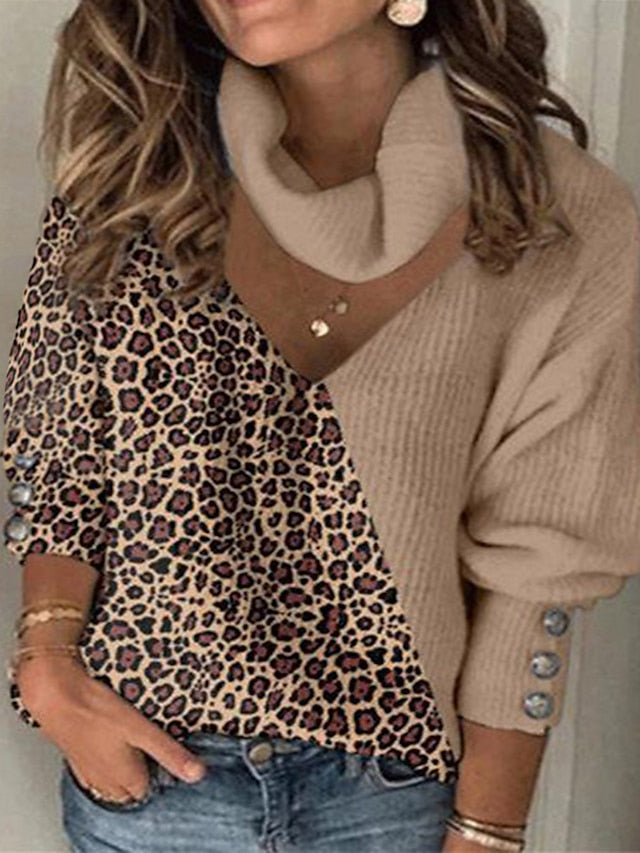 Women's Pullover Sweater Jumper Turtleneck V Neck Ribbed Knit Button Thin Hole Drop Shoulder Fall Winter Daily Going out Stylish Casual Long Sleeve Leopard Color Block Maillard Black White Wine S M L