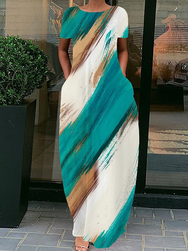 Women's Long Dress Maxi Dress Casual Dress Summer Dress Print Dress Graphic Leopard Floral Fashion Modern Daily Holiday Vacation Print Short Sleeve Crew Neck Dress Loose Fit Light Pink Pink Blue - LuckyFash™