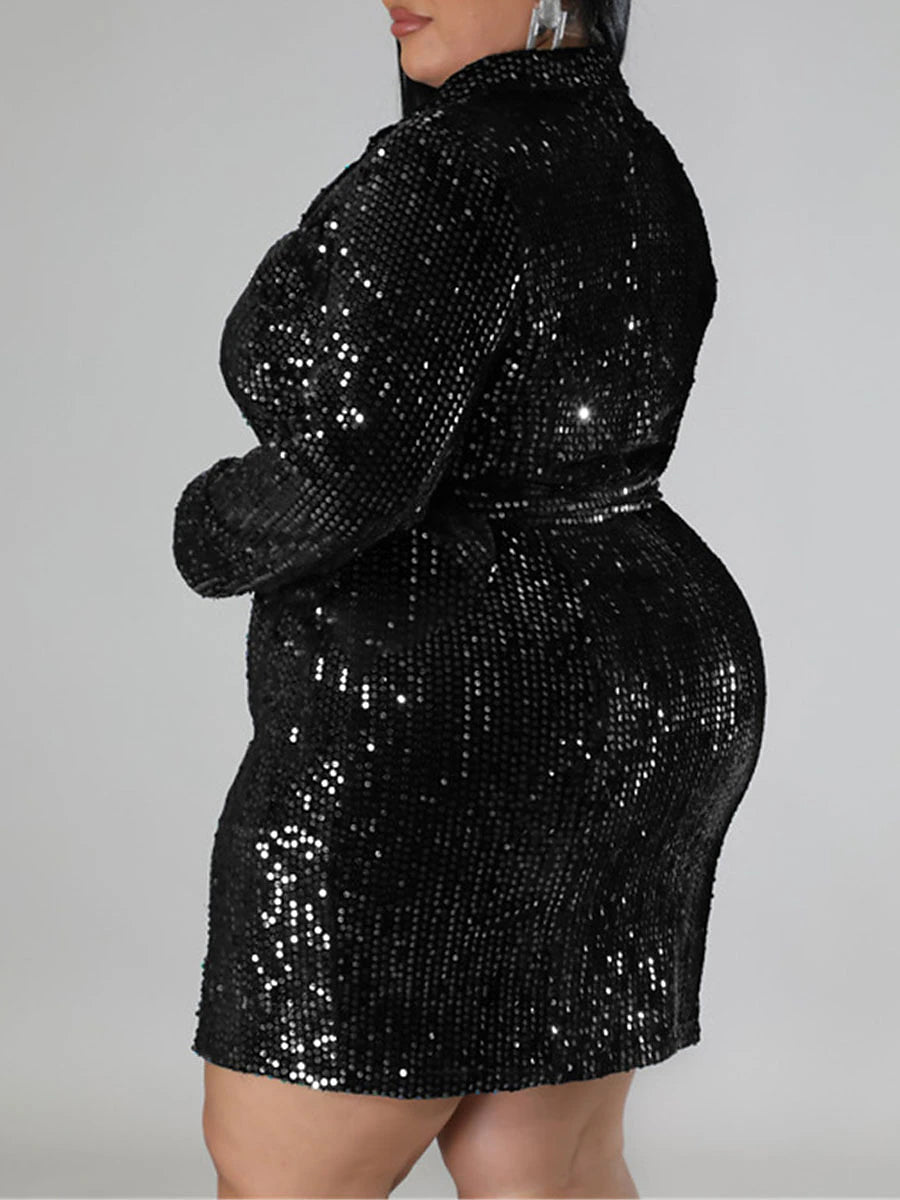 Women's Plus Size Curve Easter Dress Gold Sequin Dress Blazer Party Dress Solid Color Shirt Collar Long Sleeve Spring Fall Fashion Hot Formal Mini Dress Blue Red Dress