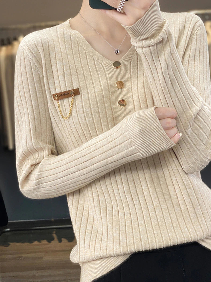 Women's Pullover Sweater Jumper V Neck Ribbed Knit Polyester Button Fall Winter Regular Outdoor Daily Going out Stylish Casual Soft Long Sleeve Solid Color Black White Yellow S M L