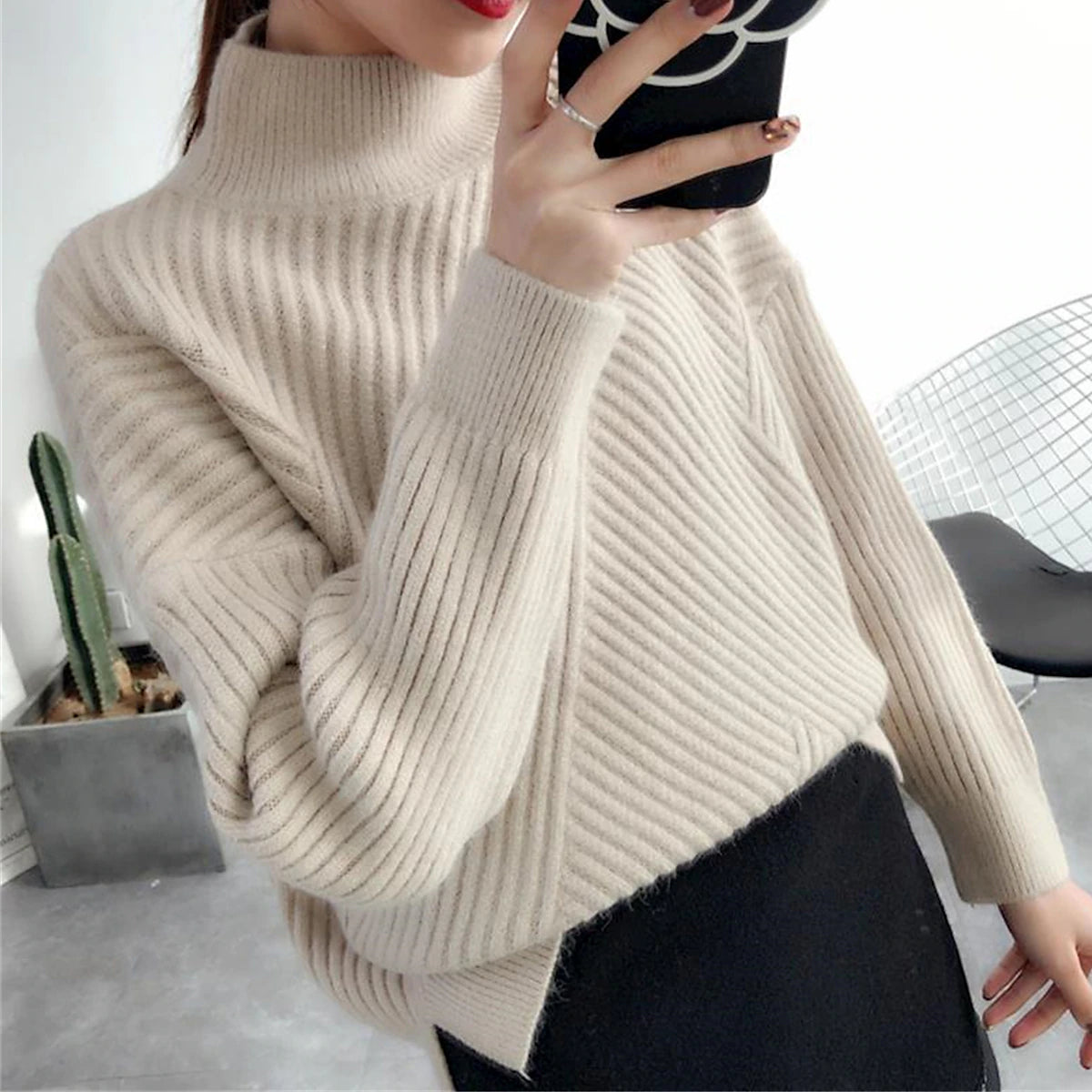 Women's Pullover Sweater Jumper Stand Collar Ribbed Knit Spandex Yarns Patchwork Split Fall Winter Regular Outdoor Daily Going out Stylish Casual Soft Long Sleeve Solid Color Black White Yellow