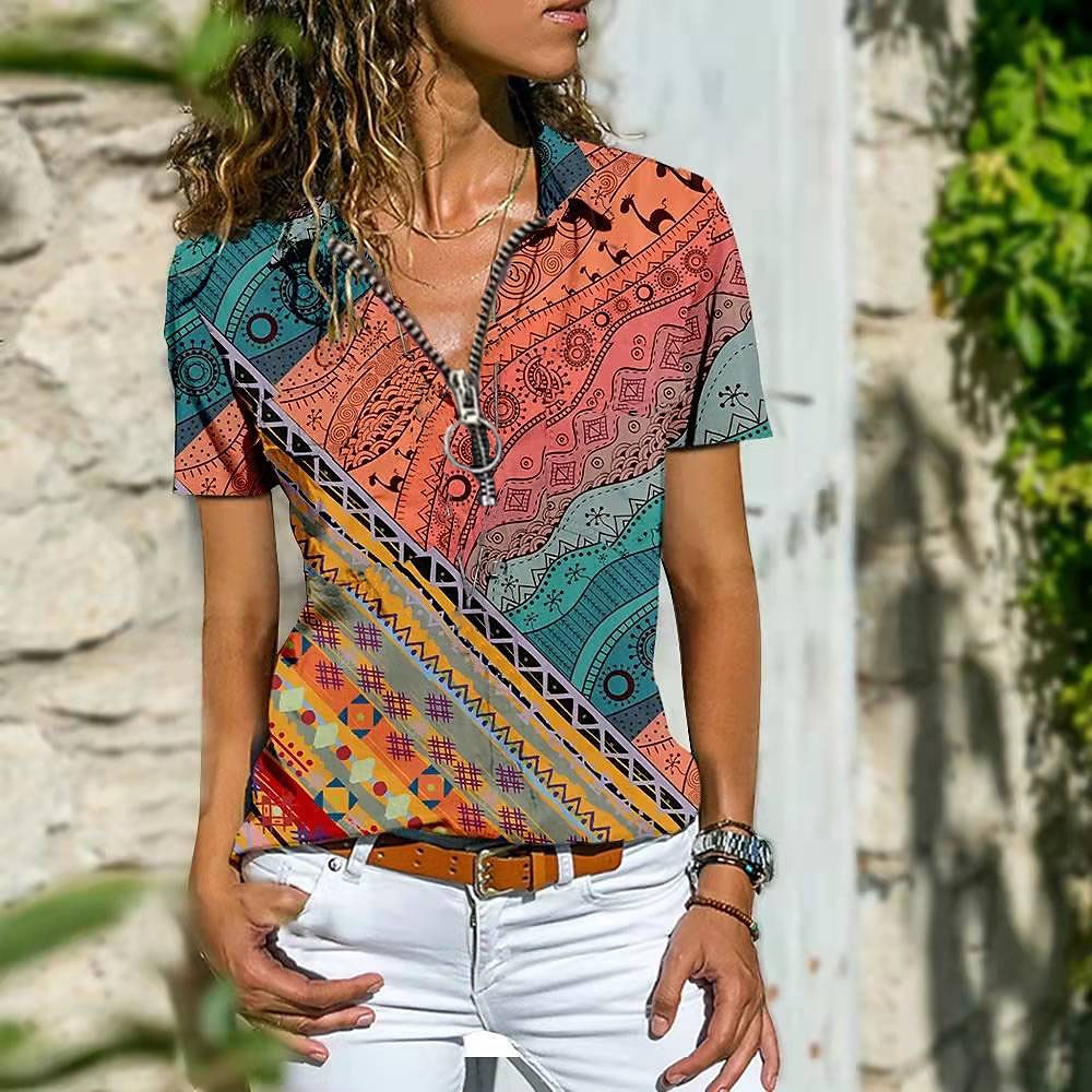 Women‘s Blouse T shirt Zipper Print Multi Color Tropical Shirt Collar T-shirt Sleeve Regular Spring &  Fall Pattern 5 Pattern 7 Pattern 8