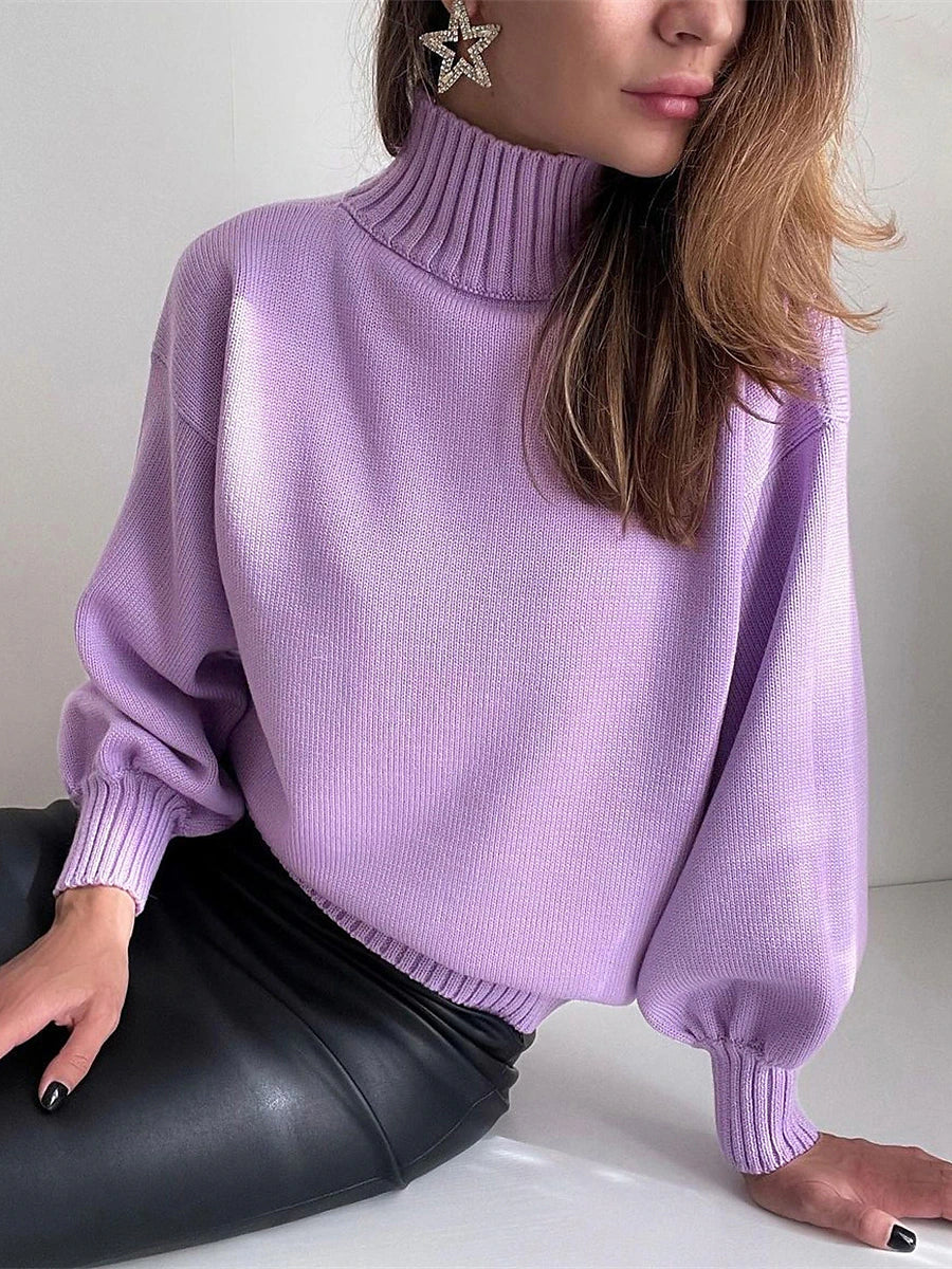 Women's Pullover Sweater Jumper Turtleneck Stand Collar Ribbed Knit Cotton Oversized Summer Fall Outdoor Daily Going out Stylish Casual Soft Long Sleeve Solid Color Black White Wine S M L