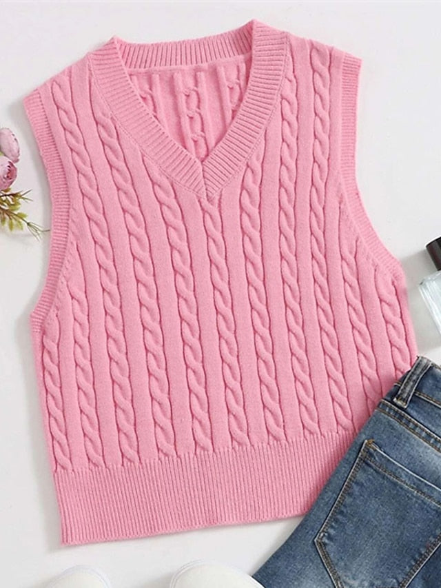 amazon hot selling sweater vest european and american fashion casual sleeveless sweater cable v-neck knitted vest women