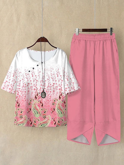 Women's Shirt Pants Sets Ombre Paisley Casual Daily Print Pink Short Sleeve