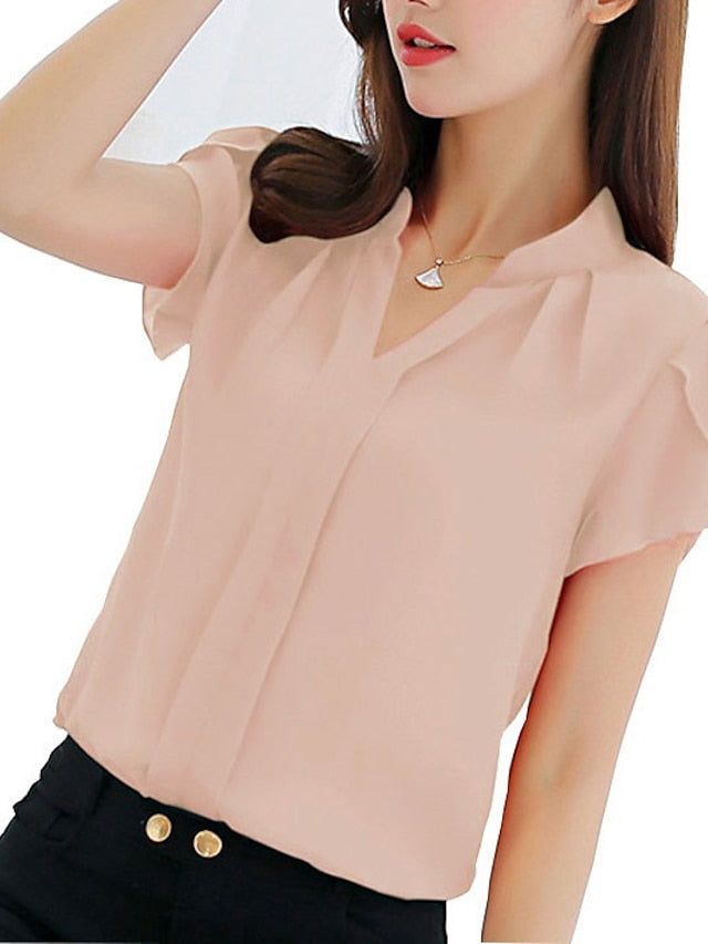 Women's Shirt Blouse White Pink Red Plain Short Sleeve Work Casual Basic Elegant V Neck Regular Slim S