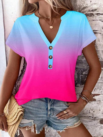 Women's T shirt Tee Ombre Color Gradient Daily Going out Print Yellow Short Sleeve Stylish V Neck Summer