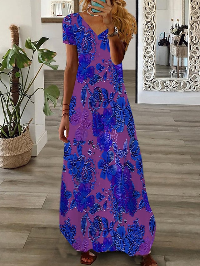 Women's Long Dress Maxi Dress Casual Dress Print Dress Graphic Floral Fashion Modern Daily Holiday Vacation Short Sleeve V Neck Dress Regular Fit White Pink Wine Summer Spring S M L XL 2XL 3XL 4XL 5XL - LuckyFash™