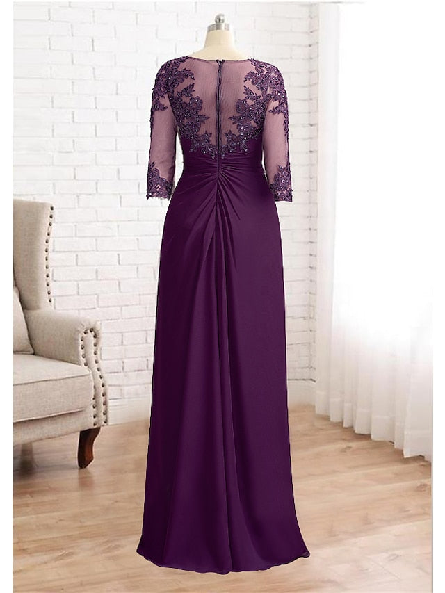 Sheath / Column Mother of the Bride Dress Formal Wedding Guest Elegant Sparkle & Shine Jewel Neck Asymmetrical Floor Length Chiffon Lace 3/4 Length Sleeve with Sequin Appliques 2023 - LuckyFash™