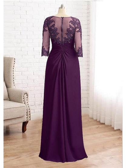 Sheath / Column Mother of the Bride Dress Formal Wedding Guest Elegant Sparkle & Shine Jewel Neck Asymmetrical Floor Length Chiffon Lace 3/4 Length Sleeve with Sequin Appliques 2023 - LuckyFash™