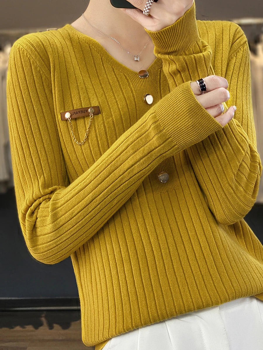 Women's Pullover Sweater Jumper V Neck Ribbed Knit Polyester Button Fall Winter Regular Outdoor Daily Going out Stylish Casual Soft Long Sleeve Solid Color Black White Yellow S M L