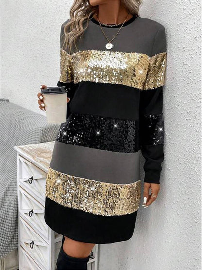 Women's Sequin Dress Party Dress Cocktail Dress Sequins Patchwork Crew Neck Long Sleeve Striped Mini Dress Vacation Formal Pink Gold Spring Winter