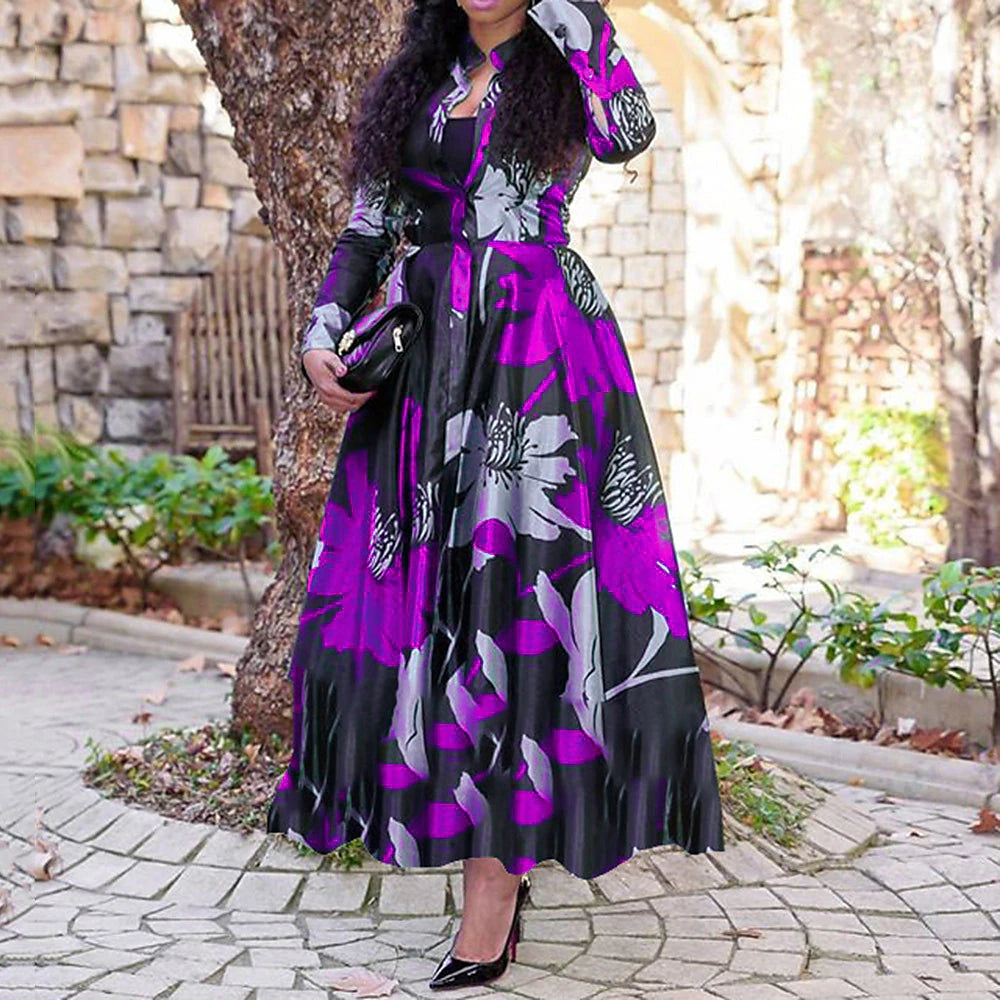 Women's Shirt Dress Work Dress A Line Dress Maxi long Dress Red Blue Fuchsia Long Sleeve Floral Print Spring Shirt Collar Elegant Summer Dress Spring Dress 2022 M L XL XXL